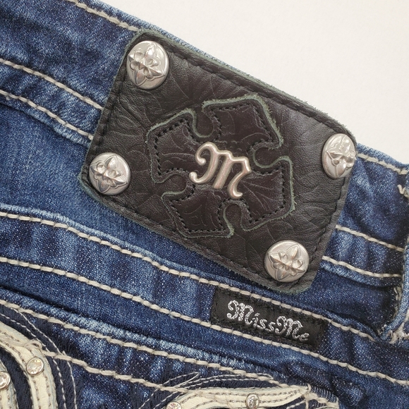 Miss Me Blue Straight Leg Jeans with White Embroidery - Picture 7 of 13